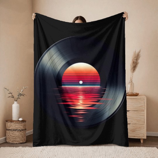 Vinyl LP Music Record, Retro Sunset Throw Blankets