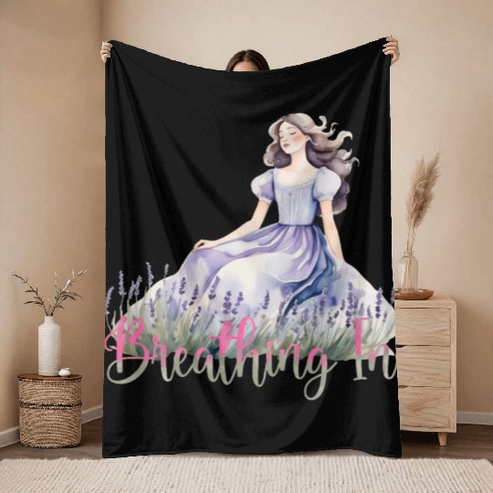 Girl in Lavender Dress Relaxing in Flower Field Throw Blankets