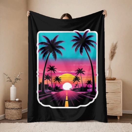 Lonely Road to Miami Sunset Vaporwave 80s Throw Blankets