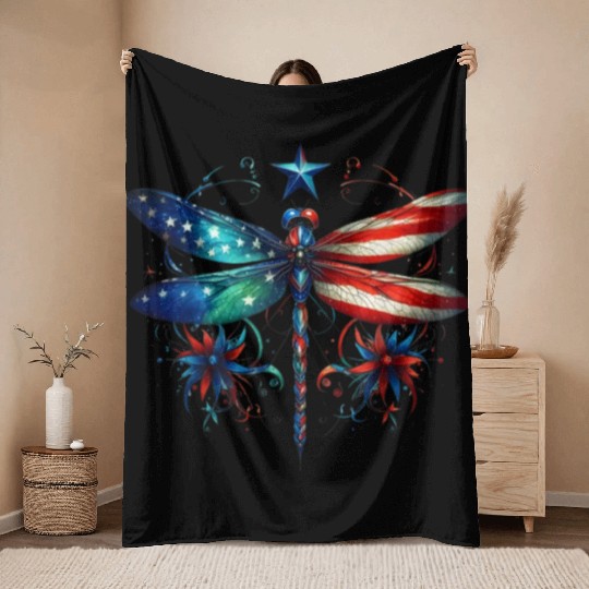 American Flag Dragonfly Patriotic 4th of July Throw Blankets