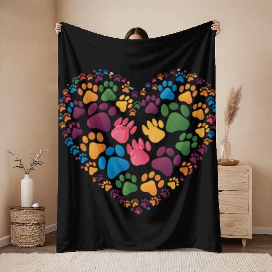 Colorful Cat Paw Prints Forming a Heart Shape Throw Blankets