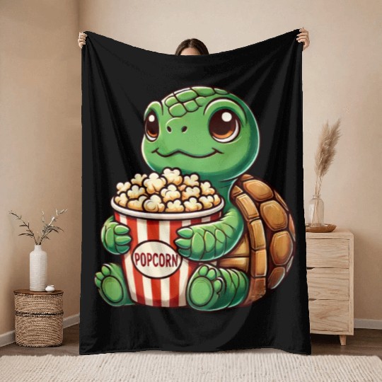 Cute turtle popcorn movies cinema fun Throw Blankets