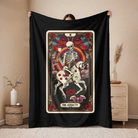 Skeleton on Unicorn Tarot Card Audacity Tarot Throw Blankets