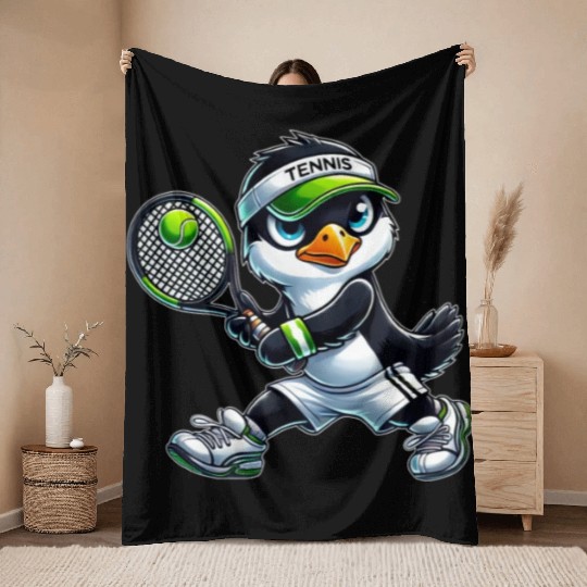 Cute Penguin Tennis Player Cartoon Throw Blankets