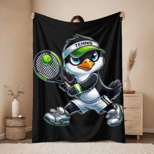 Cute Penguin Tennis Player Cartoon Throw Blankets
