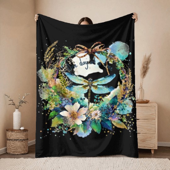 One day at a time dragonfly floral Throw Blankets