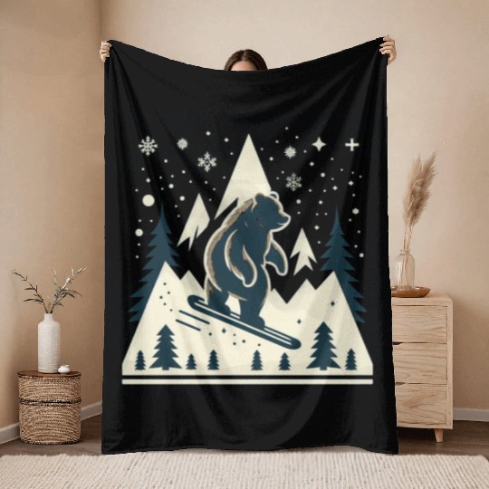 Skiing Grizzly Throw Blankets