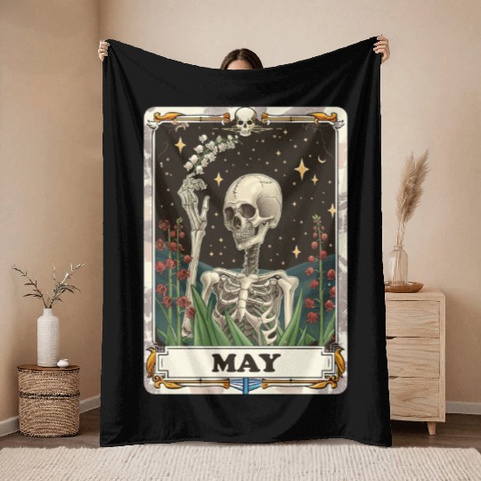 May Gothic Tarot Card - Lily of the Valley & Skele Throw Blankets
