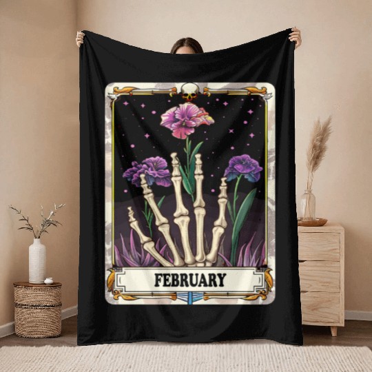 February Gothic Tarot Card - Violet Flower & Skele Throw Blankets