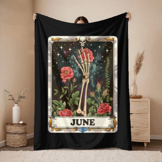 June Gothic Tarot Card - Rose Flower & Skeleton's Throw Blankets