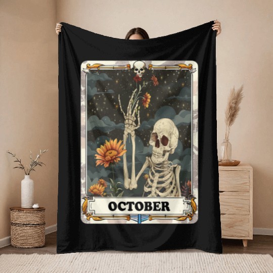 October Gothic Tarot Card - Marigold Flower & Skel Throw Blankets