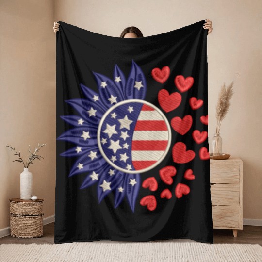 American Sunflower Hearts Embrodery Effect Throw Blankets