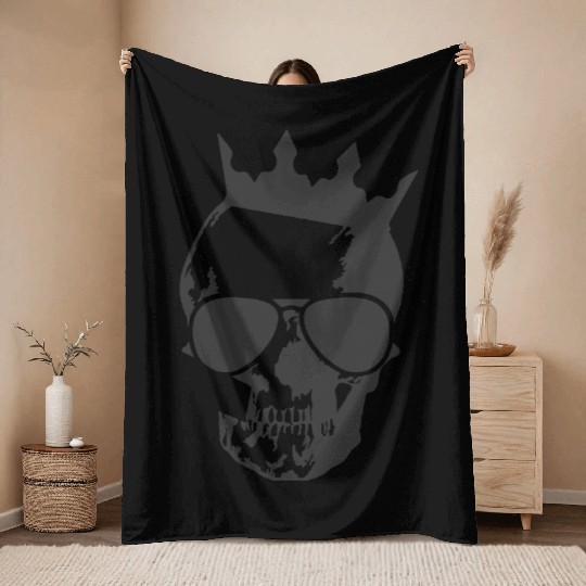 King Skull with shades Throw Blankets