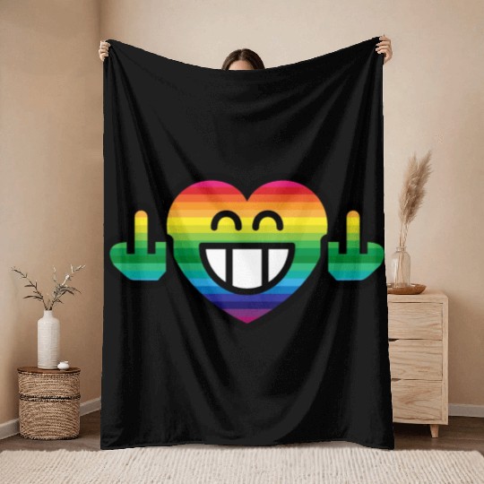 Emoticon Grin Rainbow Heart with Stinkfingers Throw Blankets
