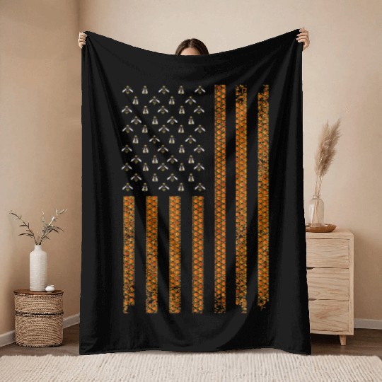 Cool Bee Keeper Art US Flag Honey Beekeeping Throw Blankets