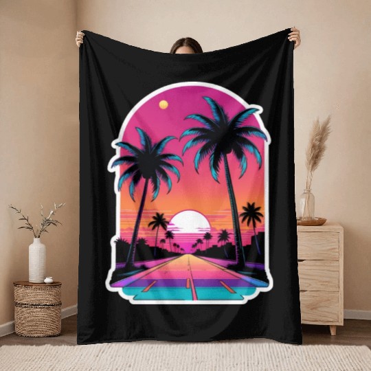 Miami Road into the Sunset 80s Synthwave Retro Throw Blankets