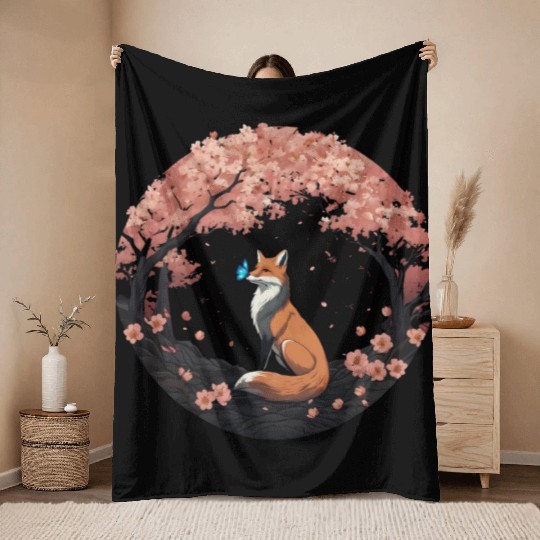 Cherry Blossom Fox Mythical Kitsune with Butterfly Throw Blankets