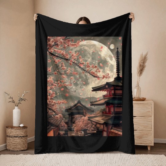 Full Moon in Tokyo Japan Sakura Throw Blankets