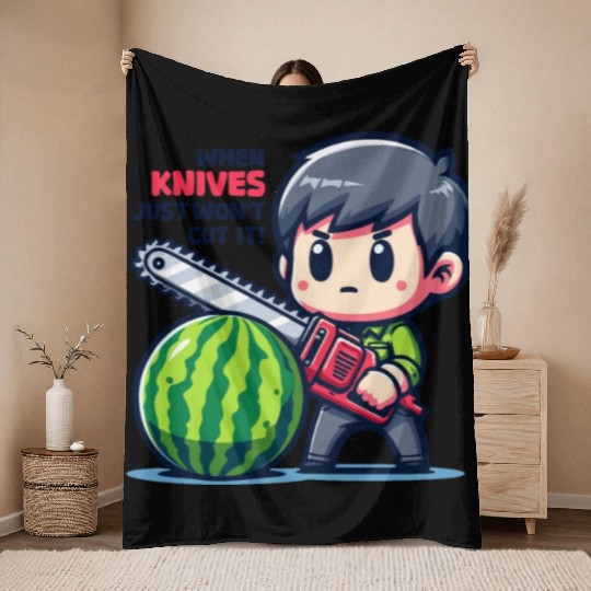 Cutting Watermelon - Melon Chainsaw Throw Blankets