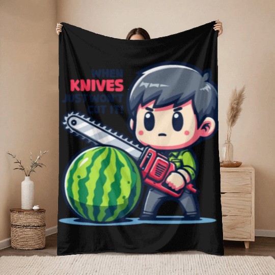Cutting Watermelon - Melon Chainsaw Throw Blankets