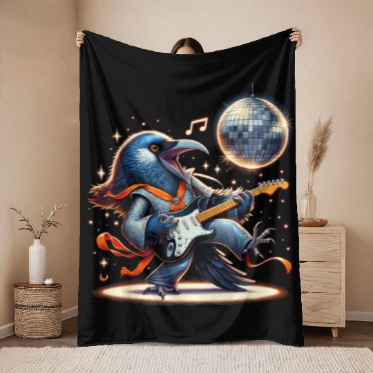 Disco Ball Guitar Raven Throw Blankets