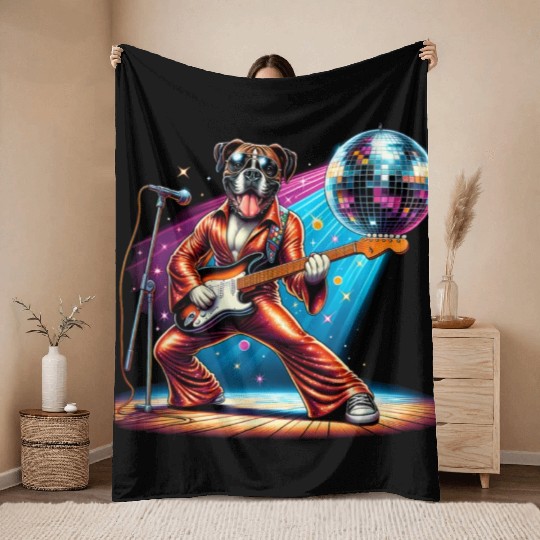 Disco Guitar Boxer dog Throw Blankets