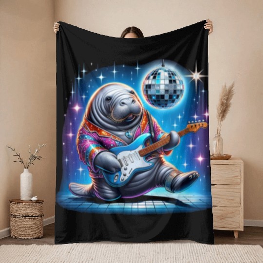 Disco Ball Guitar Manatee Throw Blankets