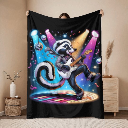 Disco Ball Guitar Skunk Throw Blankets