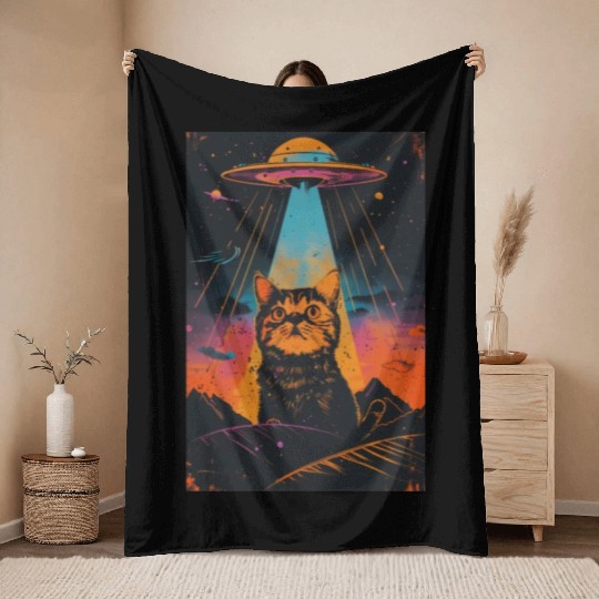Catzilla Vintage Funny Cute Cat Art Alien and Cat Throw Blankets