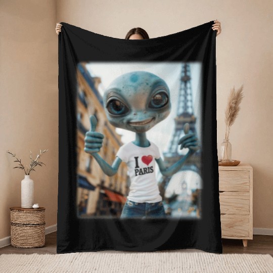A Alien in Paris. I love Paris Throw Blankets