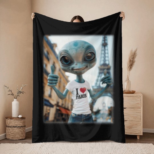A Alien in Paris. I love Paris Throw Blankets