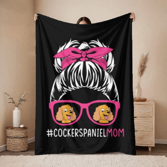 Cute Cocker Spaniel Mom Messy Bun Hair Dog Mom Throw Blankets