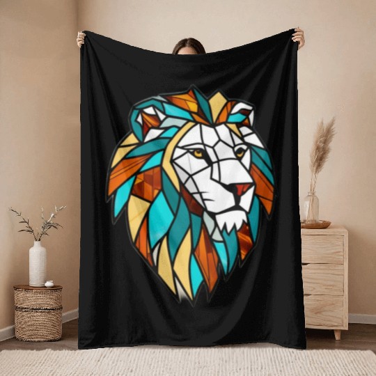 Geometric Lion Stained Glass Throw Blankets Disgin