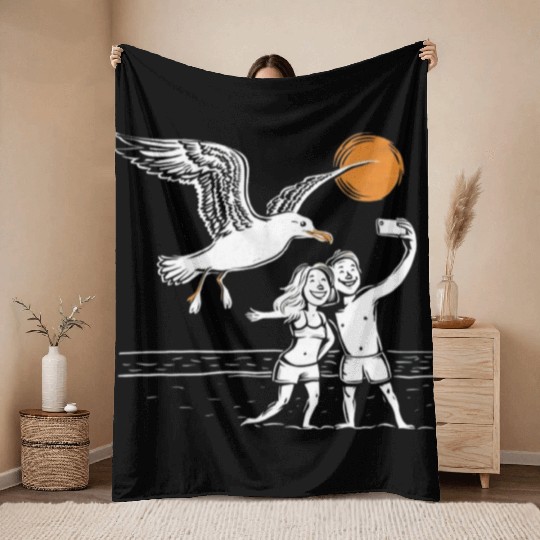 Seagull Surprise: The Ultimate Beach Photobomb Throw Blankets