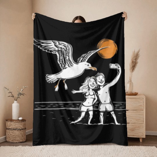 Seagull Surprise: The Ultimate Beach Photobomb Throw Blankets