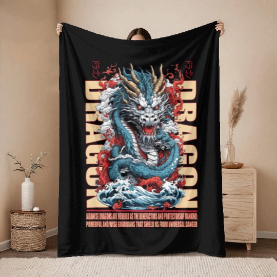 Japanese dragon on waves Throw Blankets