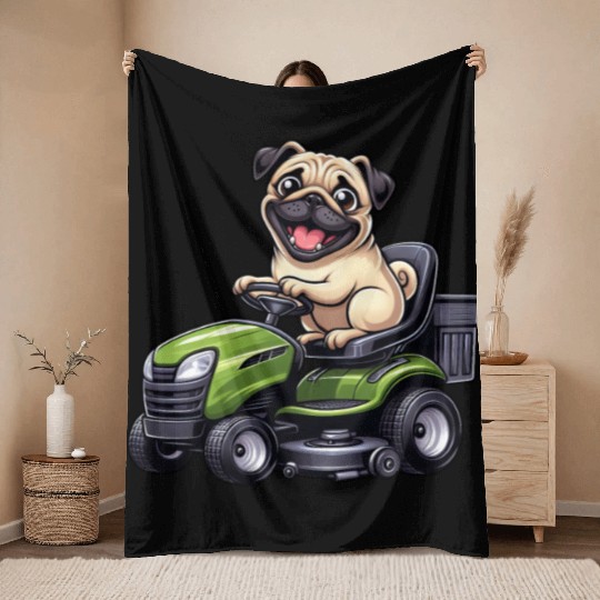 Pug dog riding lawnmower gardening landscaping Throw Blankets