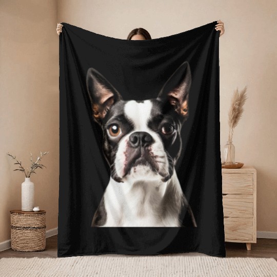 Cute Boston Terrier Dog Face, Adorable Pet Lover Throw Blankets