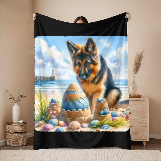 German Shepherd Building Festive Sandcastle Throw Blankets