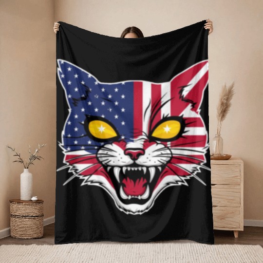Patriotic Cat With USA Flag Throw Blankets