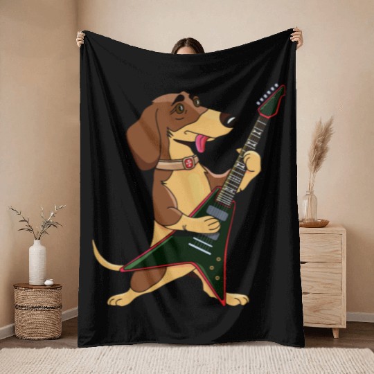 Funny dog dachshund guitar music rockstar Throw Blankets
