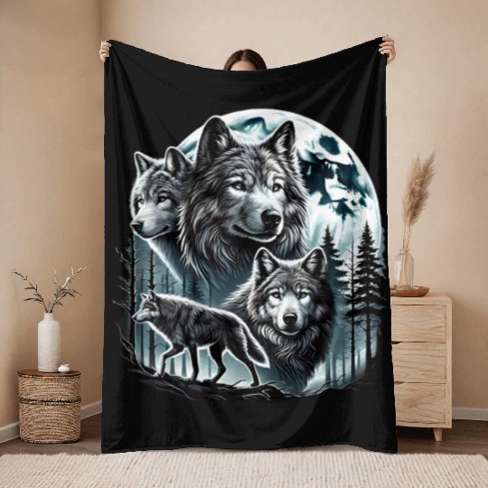 Vintage Wolf 90s Wolf Lovers Retro Moon Throw Blankets