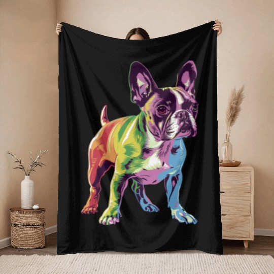 Colorful Boston Terrier Dog Pop Art Style Throw Blankets
