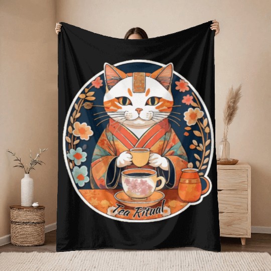Tea ceremony tea ritual cat drinking tea Throw Blankets