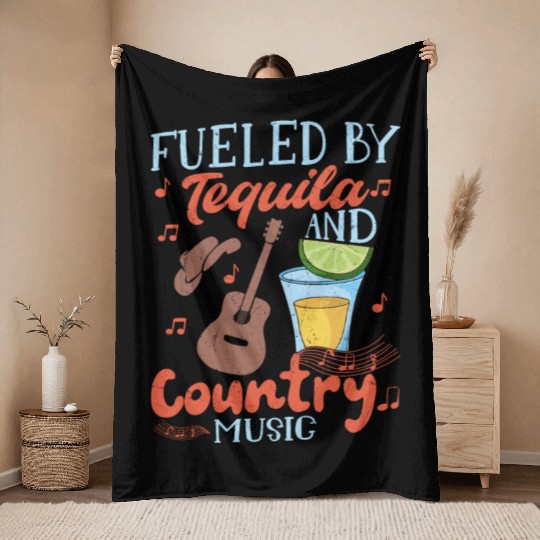 Fueled By Tequila And Country Music Western Cowboy Throw Blankets