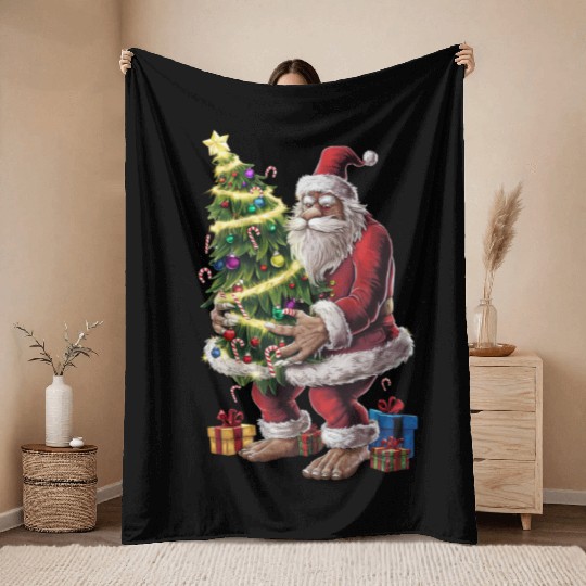 Bigfoot Christmas Tree Lights Xmas Sasquatch Lover Throw Blankets