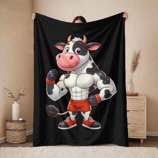 Cow bull fitness workout gym training bodybuilder Throw Blankets