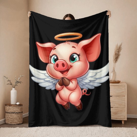 Pig angel with wings and halo on the farm Throw Blankets