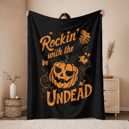 musical pumpkin autumn vibes spooky guitar autumn Throw Blankets