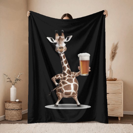 Giraffe Drinking Beer Realistic Throw Blankets